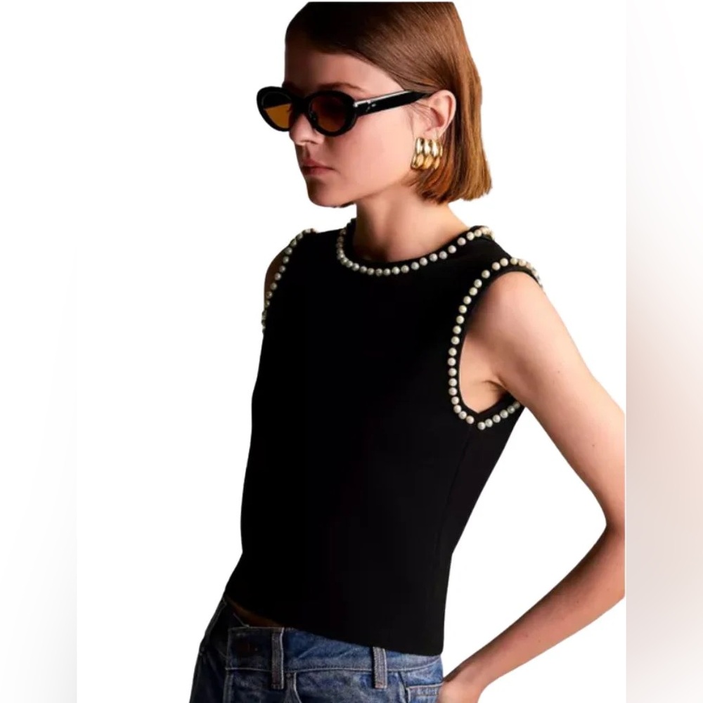 Maria Pavan Pearl Embellished Sleeveless Top Black Size Small Knit Tank Top